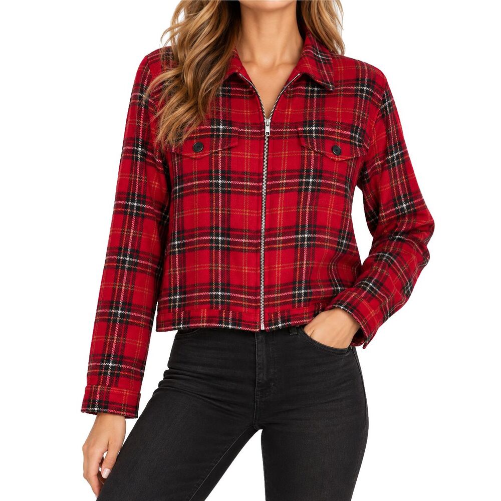 Express Womens Jacket L Red Plaid Wool Blend Cropped Full Zip Shirt Jacket